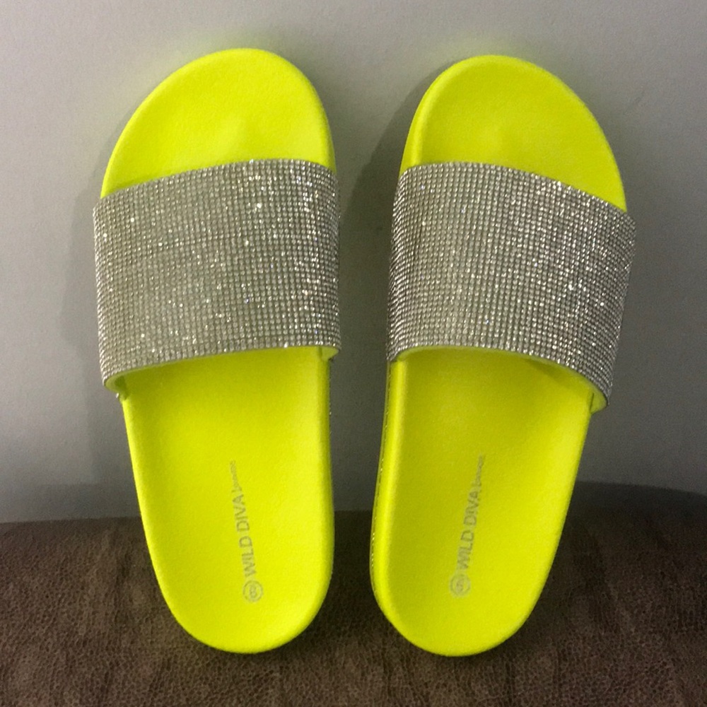 Neon green/yellow and rhinestone slides